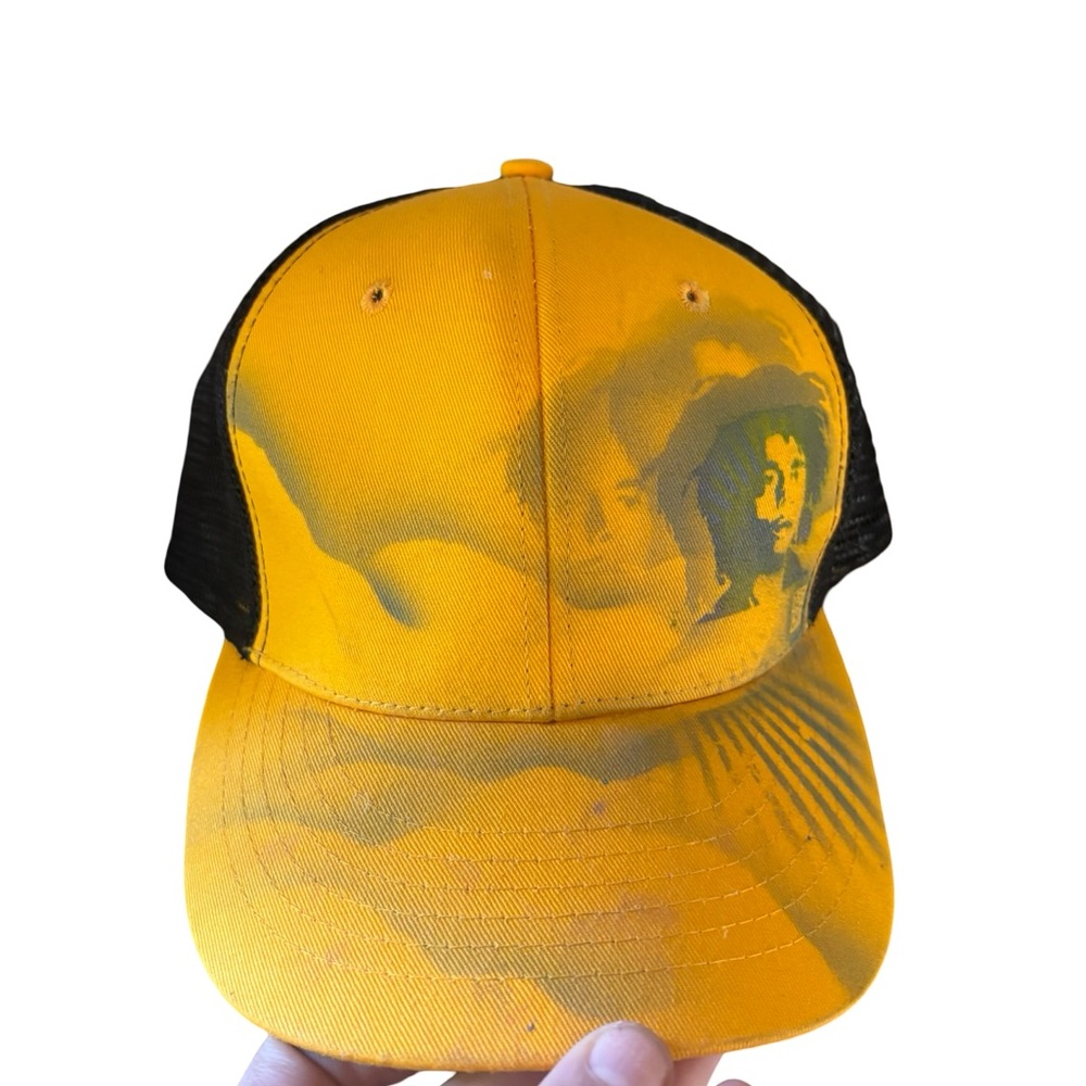 Yellow and Black Mesh Trucker Hat with Abstract Print